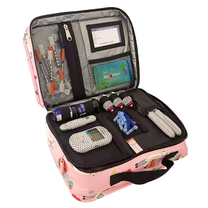 Pink Diabetes Insulated Travel Bag with llamas on it front section has pockets for glucose meter and lancing device and loops for insulin vials and pocket for insulin pens. 