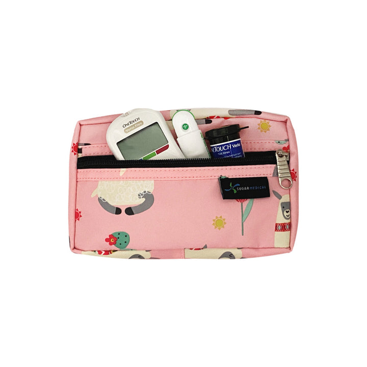 Pink with llamas on it removable supply pouch that fits glucose meter, test strip and lancet. 