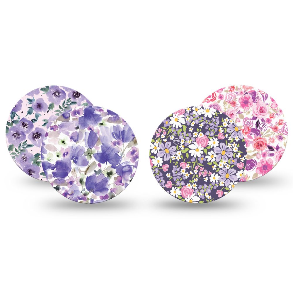 Expression Med’s Full Coverage Dexcom g7 OverPatch style in Purple and Pink Flowers, Romantic Blooms, Flowering Amethyst, and Italian Blooms.