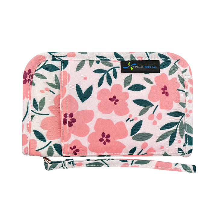 Sugar Medical Diabetes Supply Case II front that is white with pink flowers.