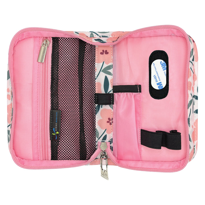 Pink Diabetes Supply Case open with pockets and loops to organize your diabetes supplies. 