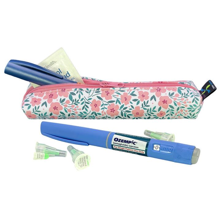 Floral MedMate GLP-1 / Insulin Pen Case with Ozempic pen and pen tips on a white background