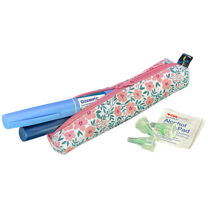 Floral-patterned MedMate GLP-1 / Insulin Pen Case with a purple zipper open with GLP-1 pen coming out.