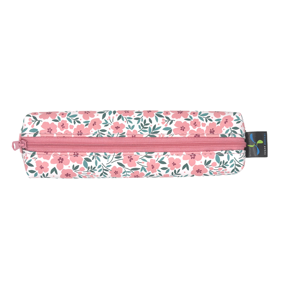 Pink Floral-patterned MedMate GLP-1 / Insulin Pen Case with a blue zipper on a white background 