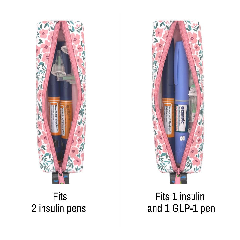 Floral-patterned pen case with insulin and GLP-1 pens inside, showing capacity for multiple pens.