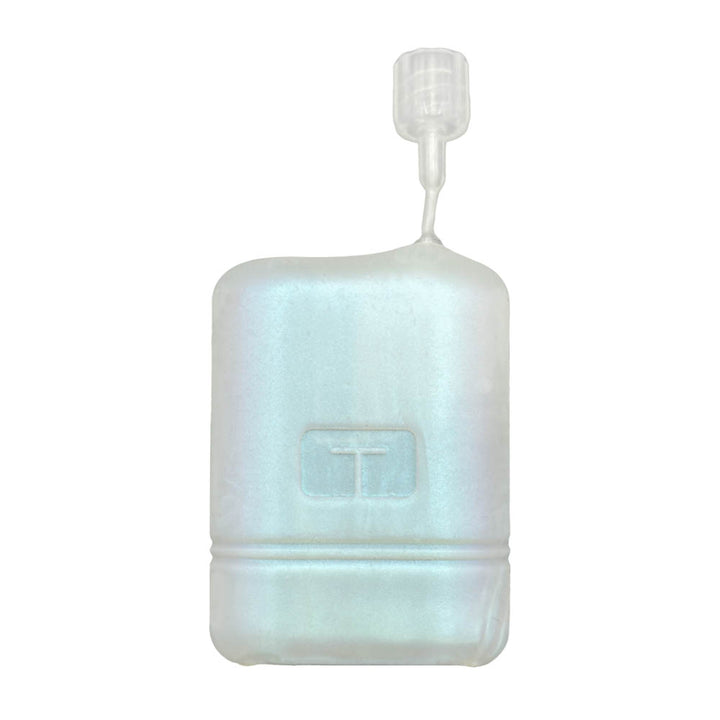 The front of white shimmer Mobi Tandem gel skin cover to protect insulin pump with tubing coming out the top. 