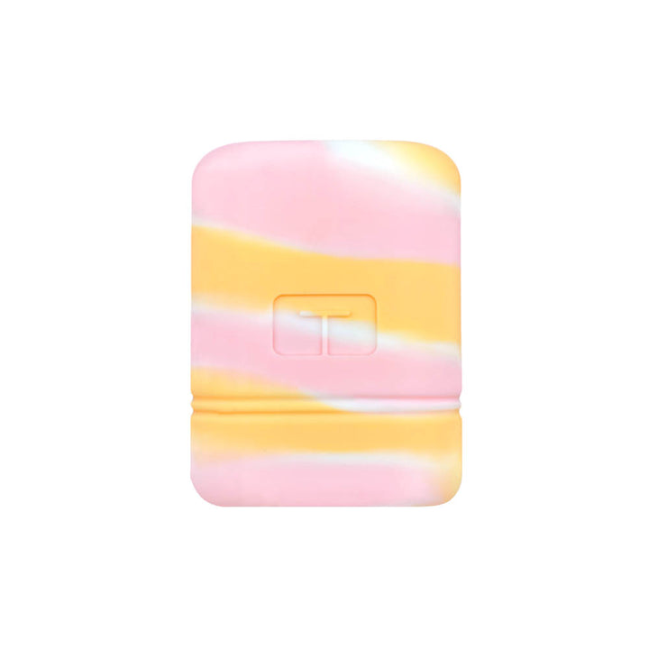 Front of white, pink and orange sorbet colored Mobi Tandem gel skin cover to protect insulin pump.