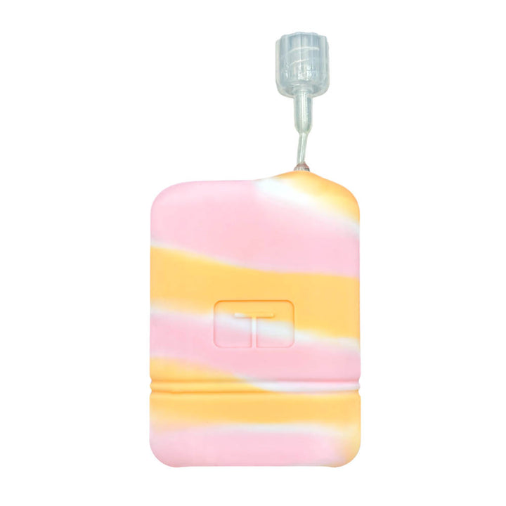 The front of white, pink and orange sorbet colored Mobi Tandem gel skin cover to protect insulin pump with tubing coming out the top. 