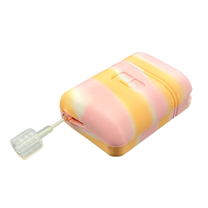 The white, pink and orange sorbet colored Mobi Tandem Gel Skin on the side with the tubing of the Mobi pump coming out of the top. 