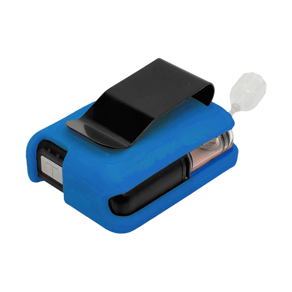 Blue Tandem Mobi EZ-To-Charge Clip with Mobi insulin pump inside the case, laying flat on a surface.