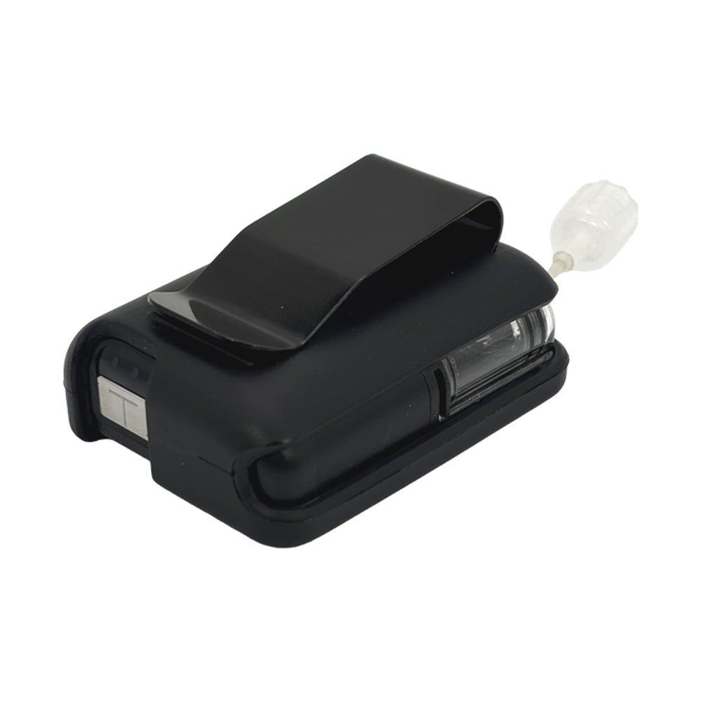 Black Tandem Mobi EZ-To-Charge Clip with Mobi insulin pump inside the case, laying flat on a surface.