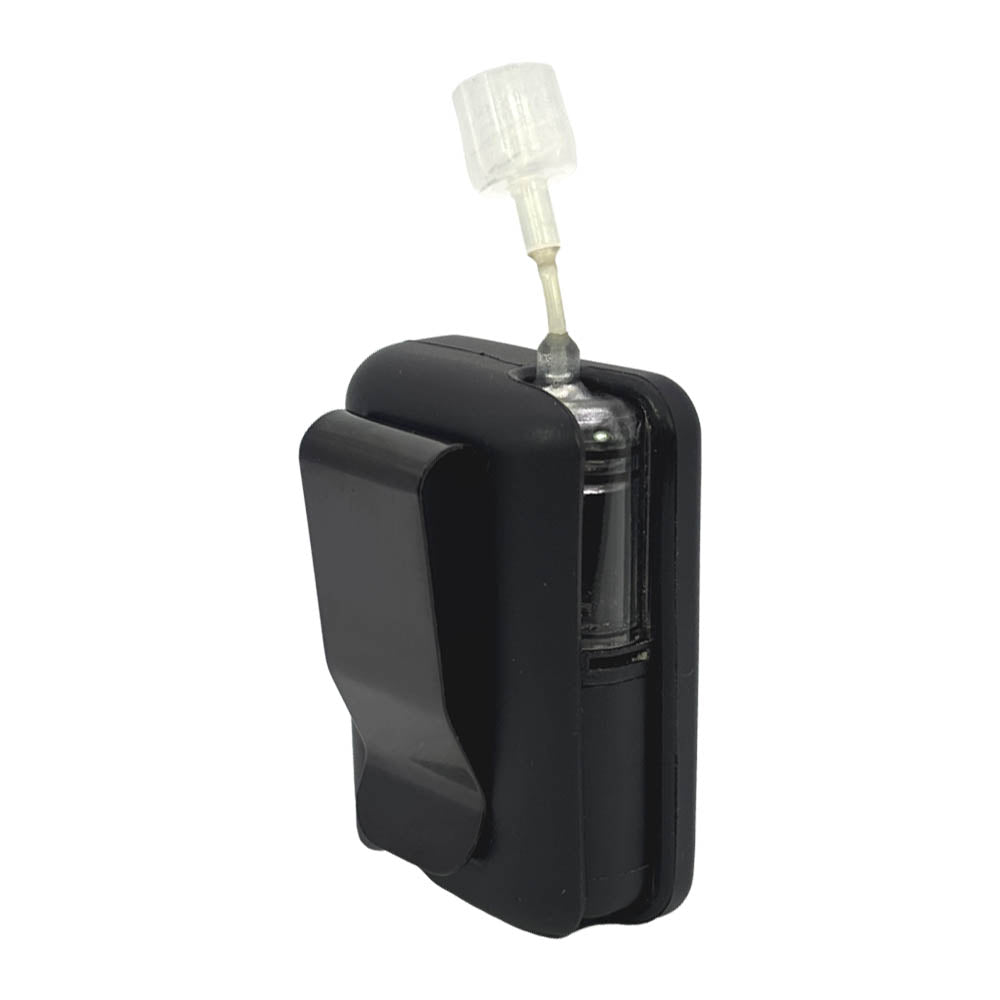 standing straight up showing metal clip on back. 