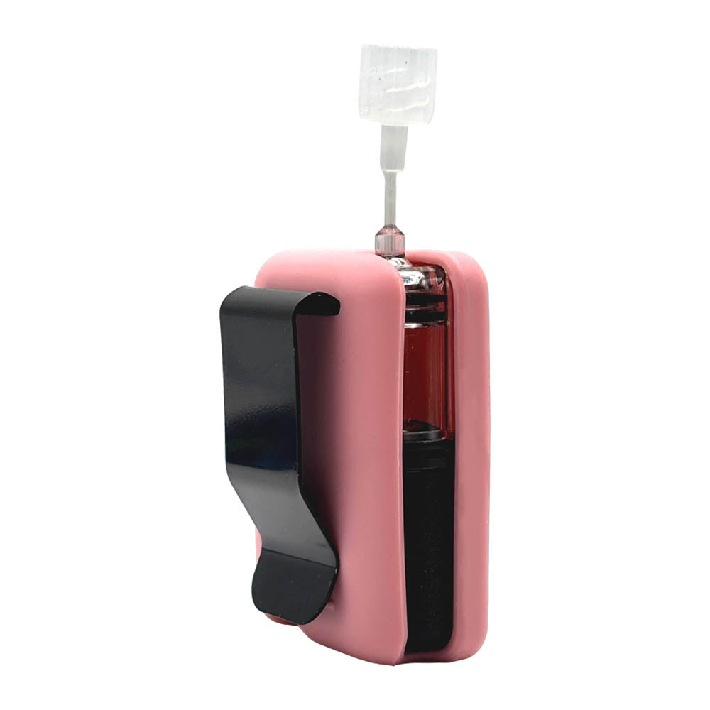 Pink Mobi Clip standing straight up showing metal clip on back. 