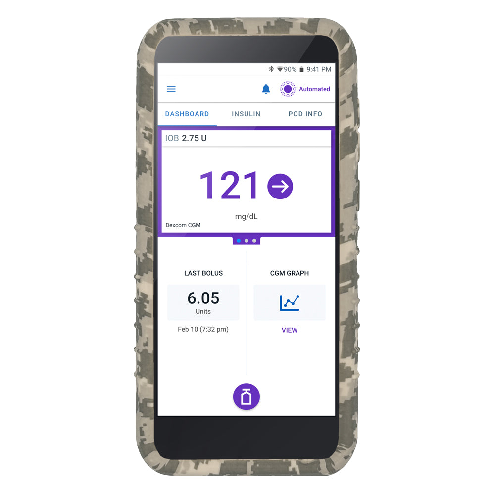 Digital Camo Omnipod® 5 Case includes a convenient cut-out for use with pairing the Dexcom G7 CGM to your Omnipod 5 with device in it.