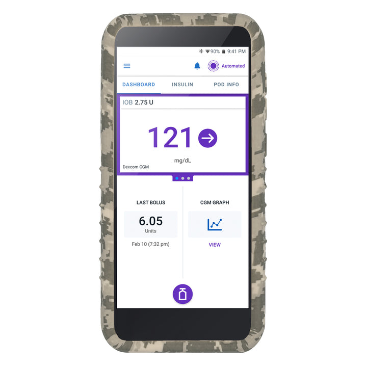 Digital Camo Omnipod® 5 Case includes a convenient cut-out for use with pairing the Dexcom G7 CGM to your Omnipod 5 with device in it.