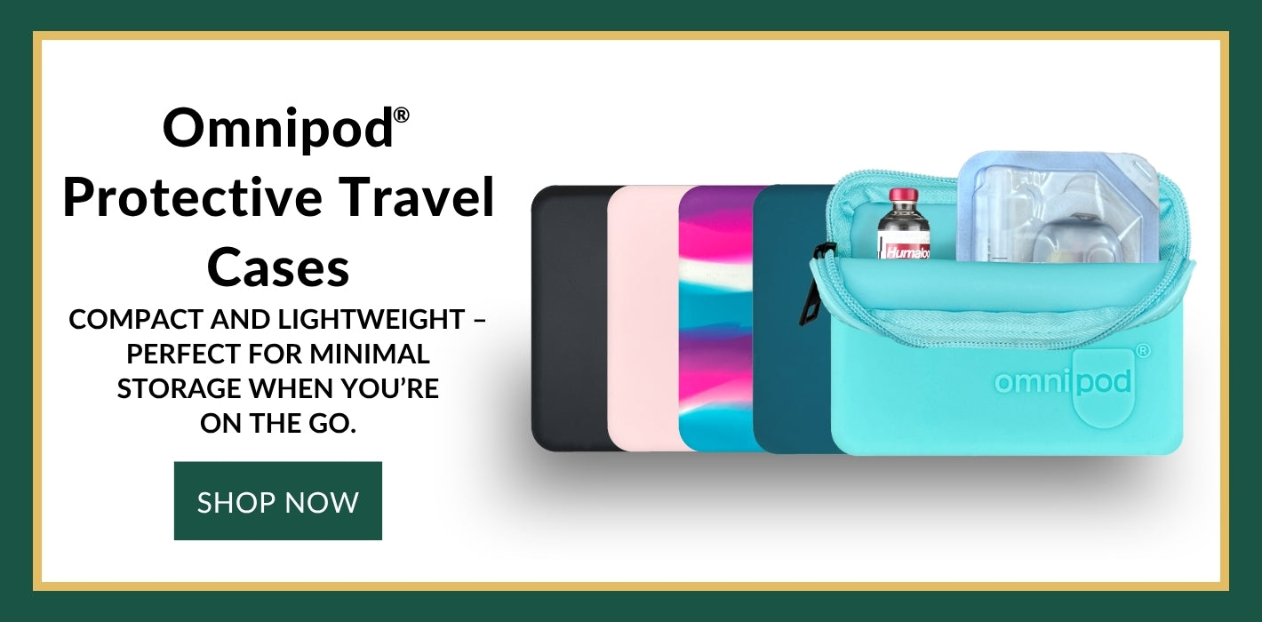 Omnipod protective travel cases with a 'Shop Now' button on a white background