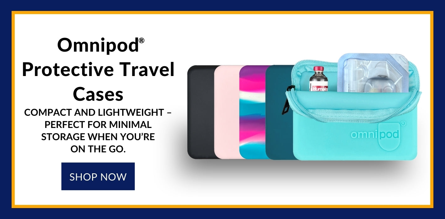 Omnipod protective travel cases with a blue case on a white background
