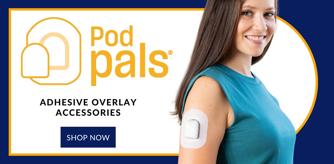 Advertisement for Pod Pals adhesive overlay accessories with a woman wearing one on her arm.