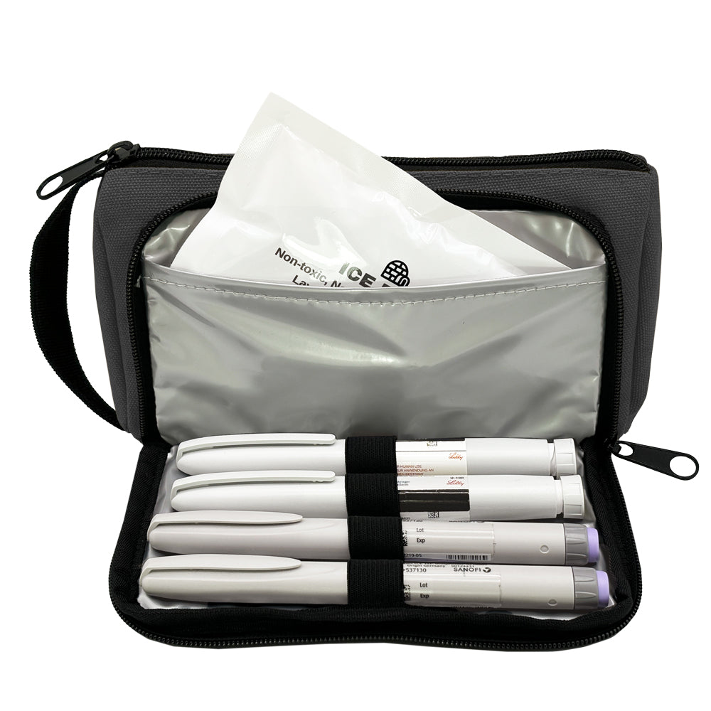 Black Insulated Diabetes Insulin Supply Case front pocket open with four insulin pens and included ice pack. 