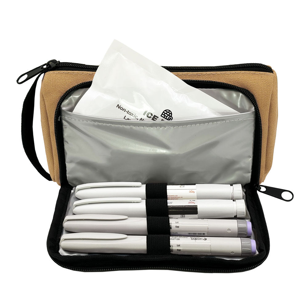 Hamilton Brown Insulated Diabetes Insulin Supply Case front pocket open with four insulin pens and ice pack. 