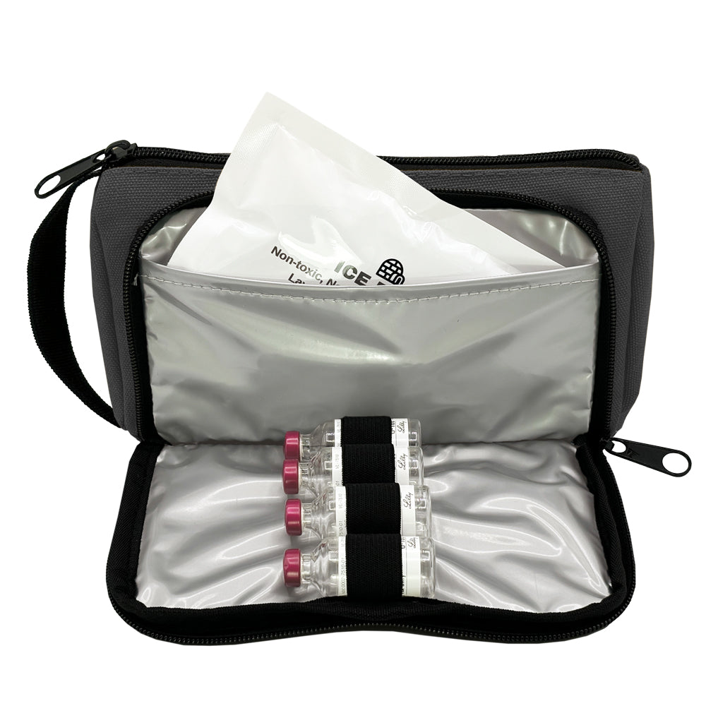 Black Insulated Diabetes Insulin Supply Case with four insulin vials with included ice pack. 