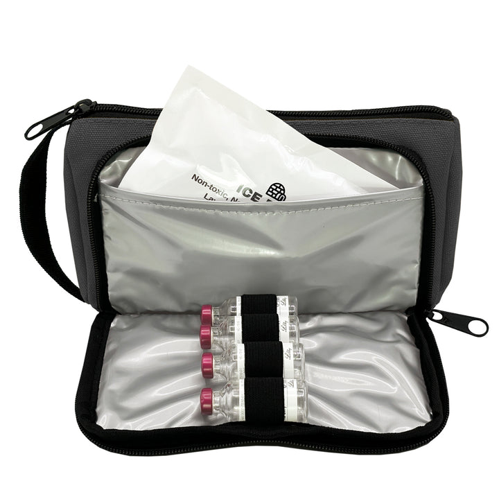 Black Insulated Diabetes Insulin Supply Case with four insulin vials with included ice pack. 