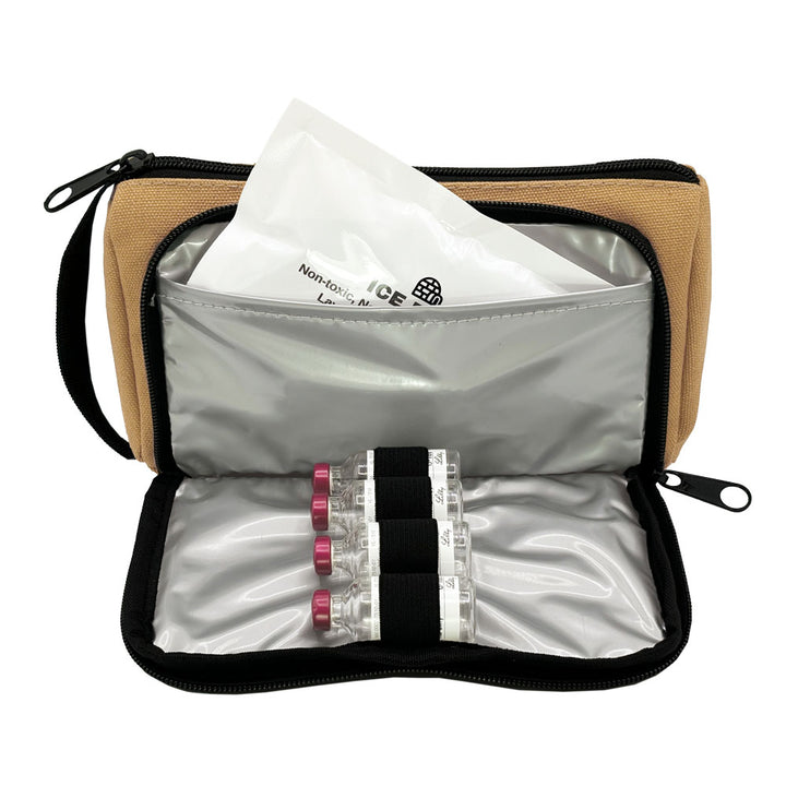 Hamilton Brown Insulated Diabetes Insulin Supply Case front pocket open with four insulin vials and ice pack. 