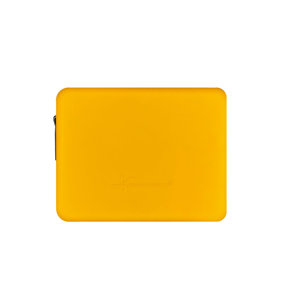 Back of the Omnipod® Protective Travel Case: The back of the orange Omnipod® protective travel case, showing the smooth surface and discreet design. 