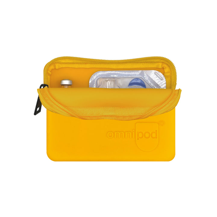 Set up with Omnipod® pod and insulin: The orange Omnipod® protective travel case opened to reveal an Omnipod® insulin pod and an insulin vial placed inside, demonstrating the case's organized storage capabilities.