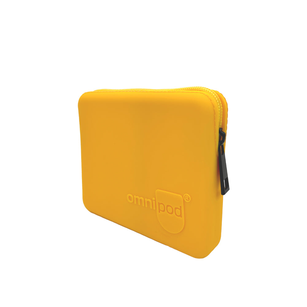 Side view of the Omnipod® Protective Travel Case: A side profile of the orange Omnipod® protective travel case, highlighting its slim and compact design with a zippered closure.