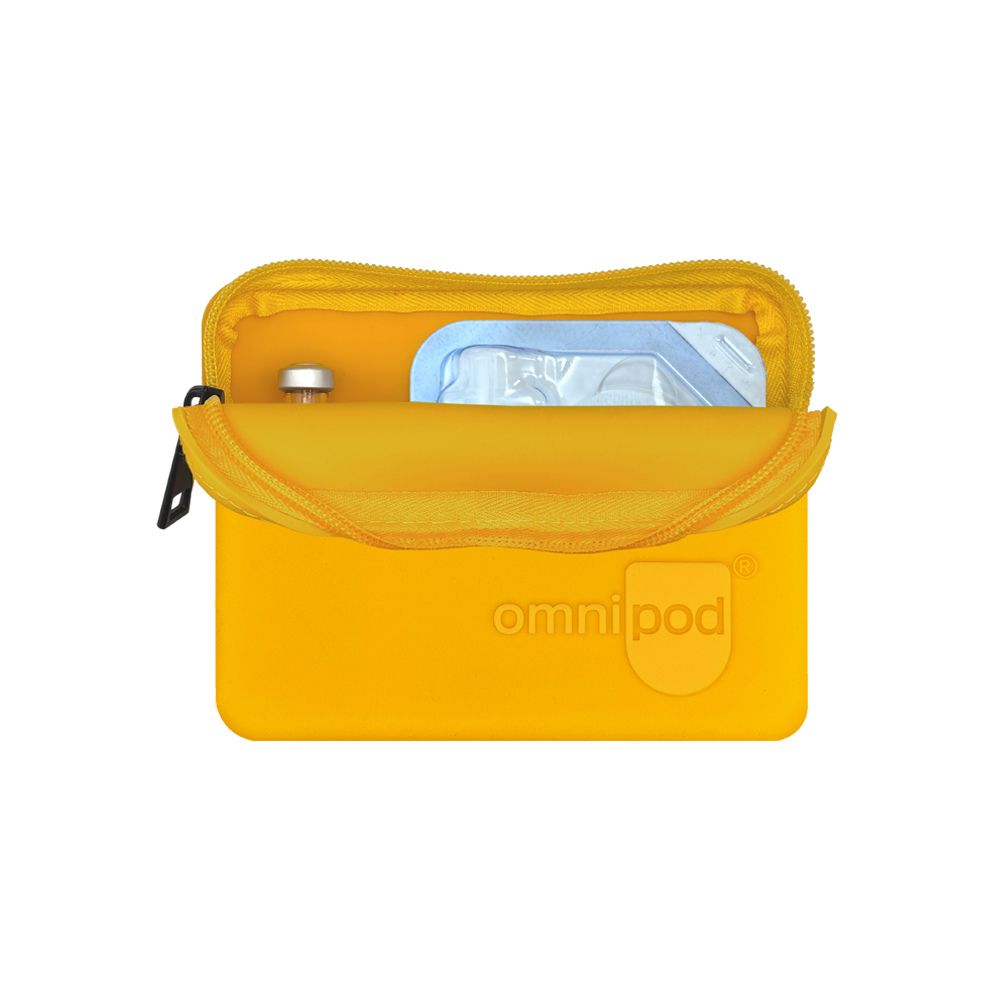 Set up with Omnipod® pod and insulin: The orange Omnipod® protective travel case opened to reveal an Omnipod® insulin pod and an insulin vial placed inside, demonstrating the case's organized storage capabilities.