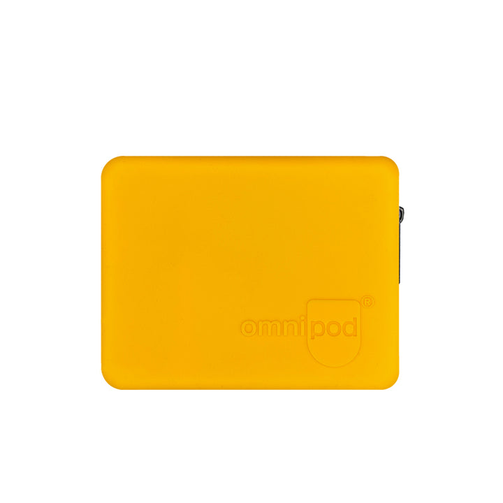 Front of the Omnipod® Protective Travel Case: A close-up view of the front of the orange Omnipod® protective travel case, featuring a sleek, compact design with a zippered closure and the Omnipod® logo on the exterior.