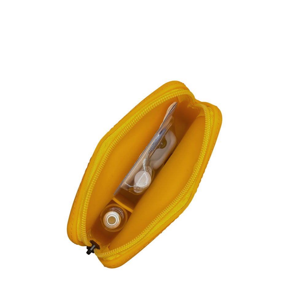 Top image showing inside of the case: A top-down view of the inside of the orange Omnipod® protective travel case, showcasing the compartments and how an Omnipod® pod and insulin vial are stored in an organized manner.