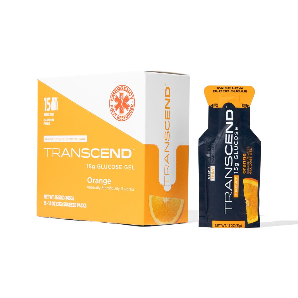 The Orange Transcend Gel box features bold branding with product details, instructions, and safety information. The back includes additional specifications and contact details. One serving is packaged in a clear container or sachet with a label showing portion size, nutritional info, and usage instructions