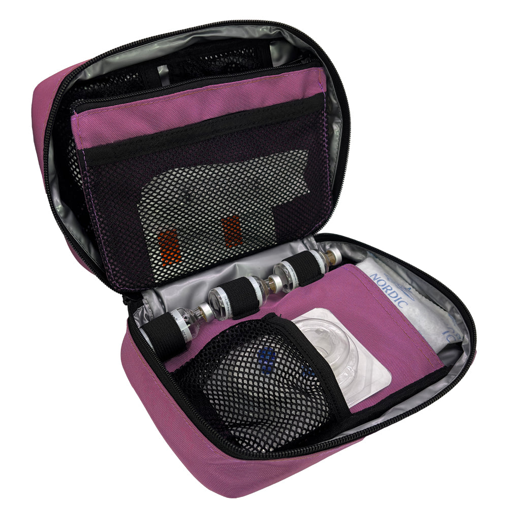 The back section has a mesh pocket with Medtronic pump supplies and three loops to secure three insulin vials.