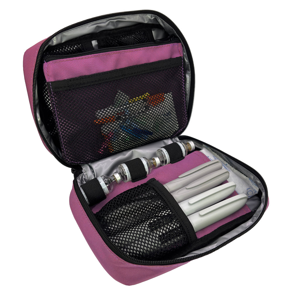 The back section of the orchid diabetes organizer has three loops to secure insulin vials and mesh pocket that fits four insulin pens.