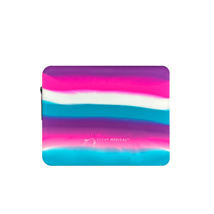 Back of the Omnipod® Protective Travel Case: The back of the pink, purple, blue and white stripe Omnipod® protective travel case, showing the smooth surface and discreet design. 