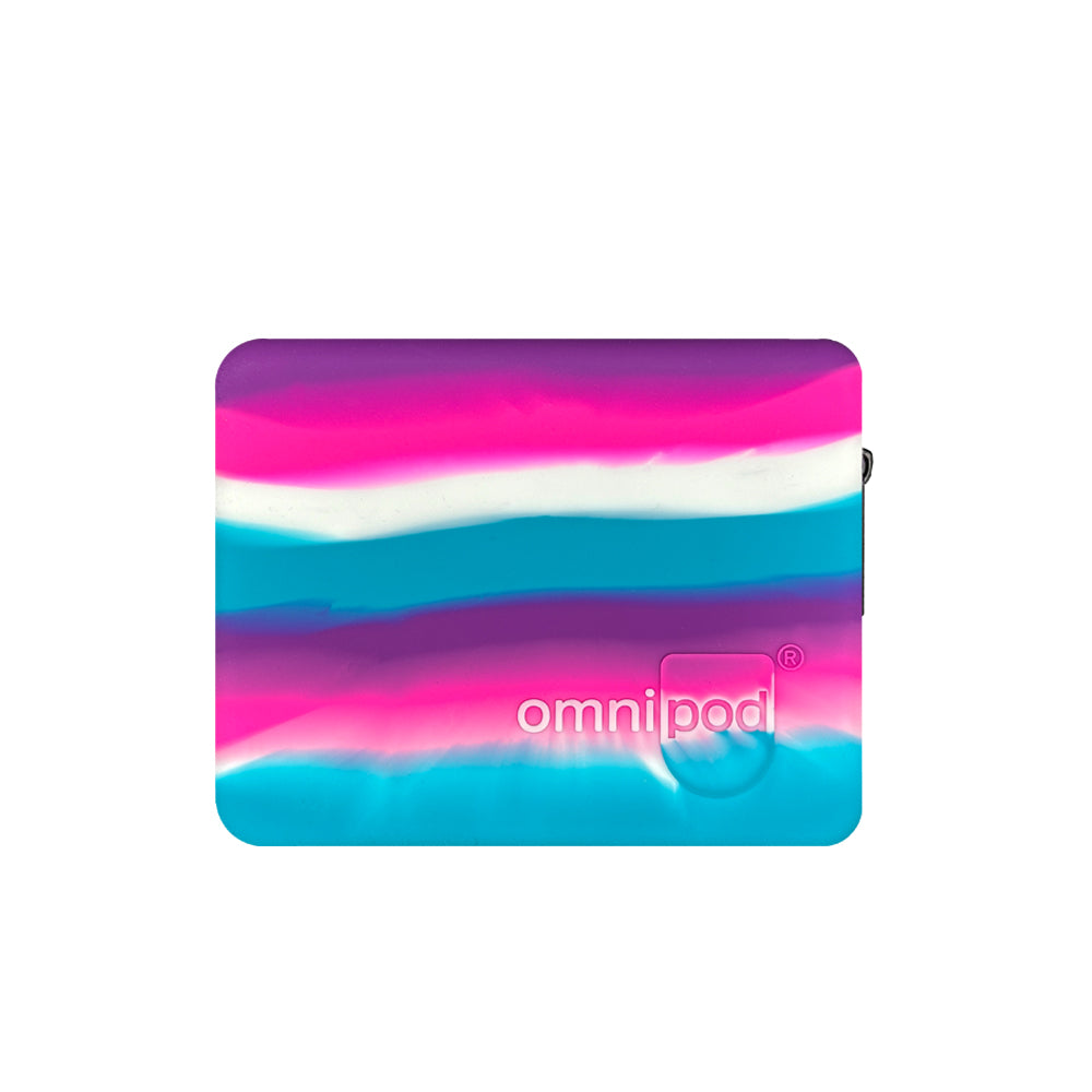 Front of the Omnipod® Protective Travel Case: A close-up view of the front of the pink, purple, blue and white stripe Omnipod® protective travel case, featuring a sleek, compact design with a zippered closure and the Omnipod® logo on the exterior.