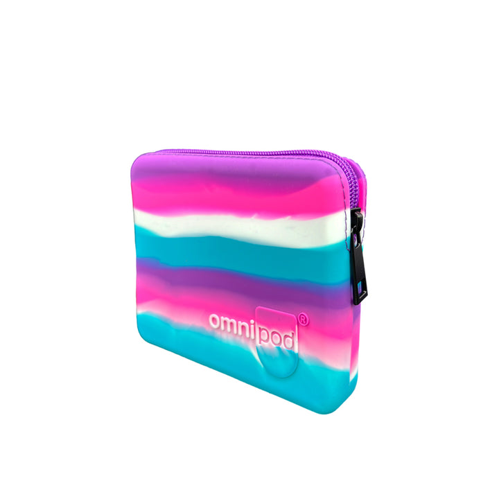 Side view of the Omnipod® Protective Travel Case: A side profile of the pink, purple, blue and white stripe Omnipod® protective travel case, highlighting its slim and compact design with a zippered closure.