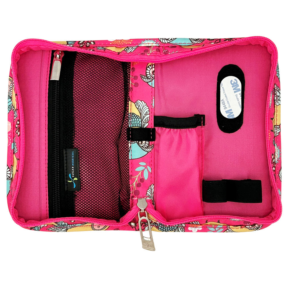 Sugar Medical Diabetes Supply Case II pink with owls inside with pockets and loops to organize your diabetic supplies. 