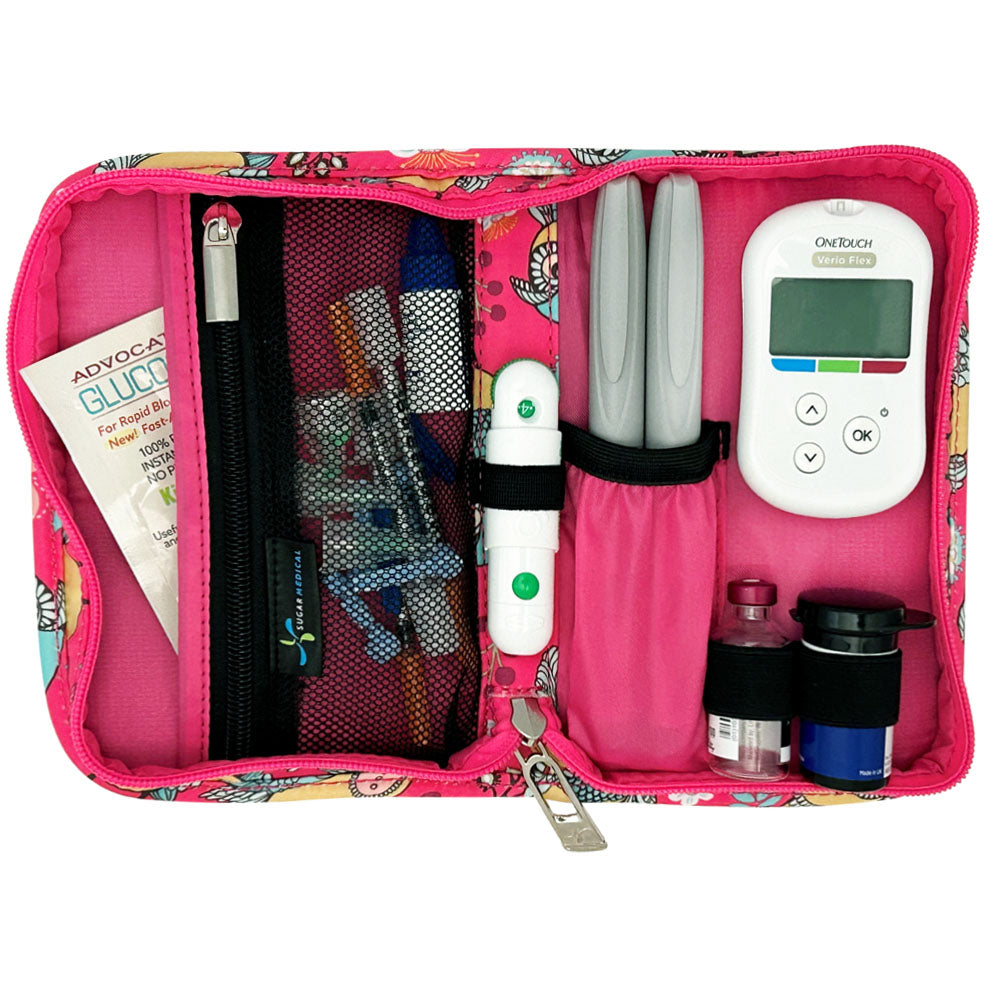 Sugar Medical Diabetes Supply Case II pink with owls inside set up with glucose meter, test strips, lancet, insulin pens and glucose sos. 