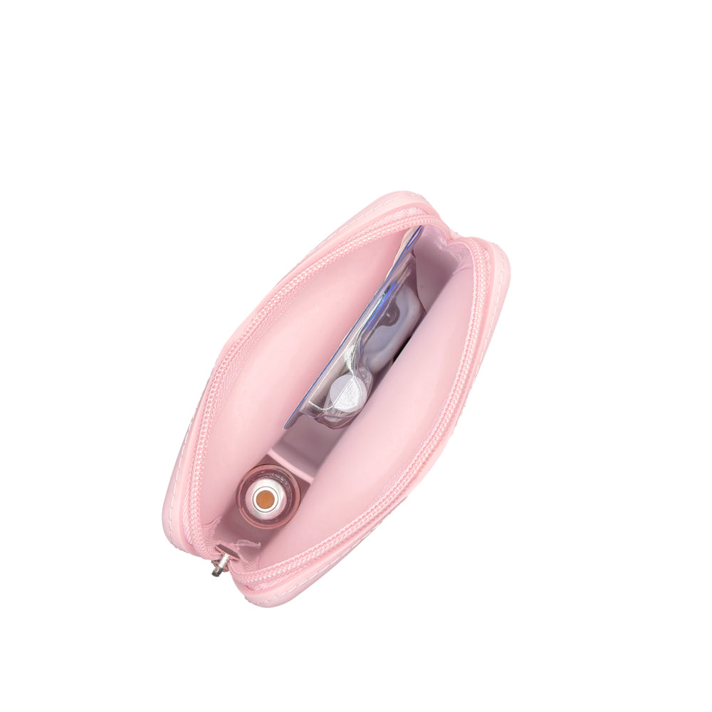 Top image showing inside of the case: A top-down view of the inside of the light pink Omnipod® protective travel case, showcasing the compartments and how an Omnipod® pod and insulin vial are stored in an organized manner.