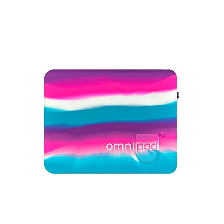 Front of the Omnipod® Protective Travel Case: A close-up view of the front of the pink, purple, blue and white stripe Omnipod® protective travel case, featuring a sleek, compact design with a zippered closure and the Omnipod® logo on the exterior.