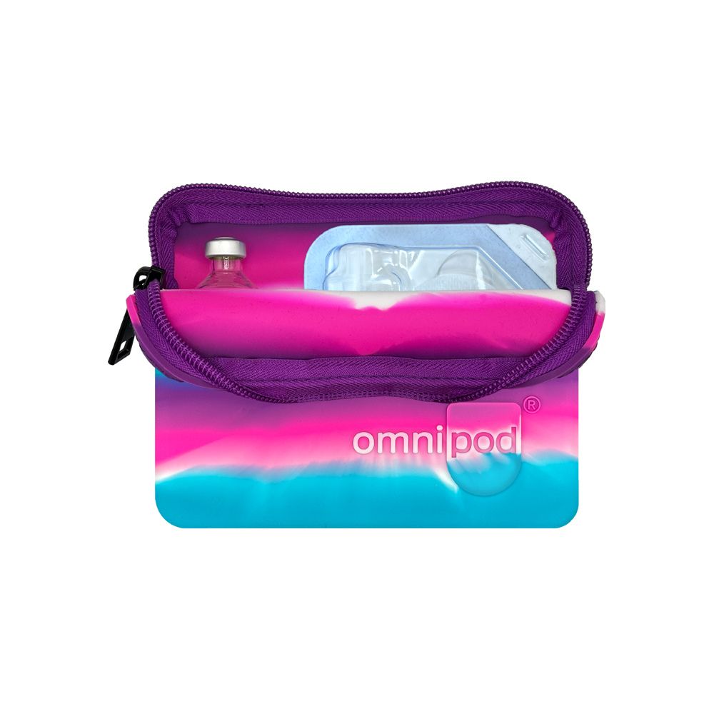 Set up with Omnipod® pod and insulin: The pink, purple, blue and white stripe Omnipod® protective travel case opened to reveal an Omnipod® insulin pod and an insulin vial placed inside, demonstrating the case's organized storage capabilities.