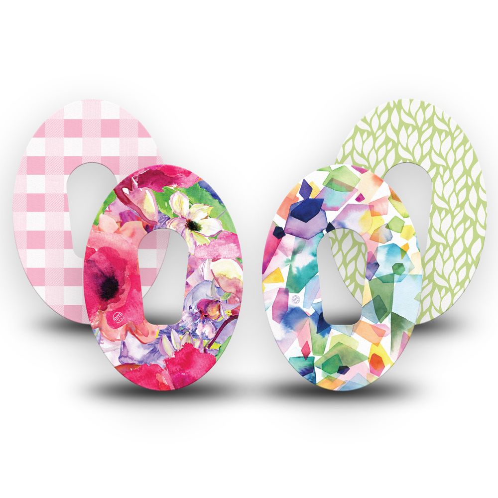 Pack contains one of each of Expression Med patch designs: Watercolor Red Flowers, Sage Greens, Kaleidoscope and Pink Gingham.