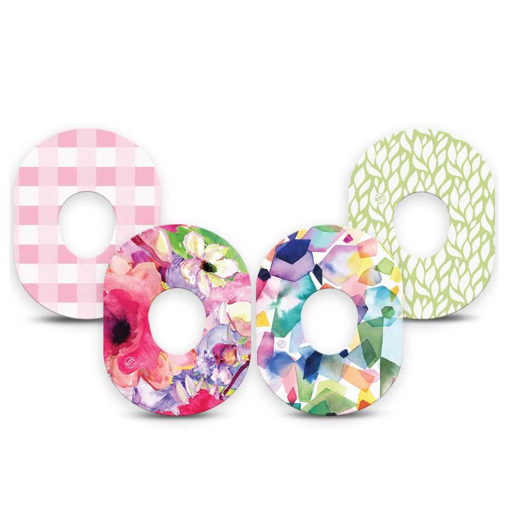 Pack contains one of each of Expression Med patch designs: Watercolor Red Flowers, Sage Greens, Kaleidoscope and Pink Gingham.