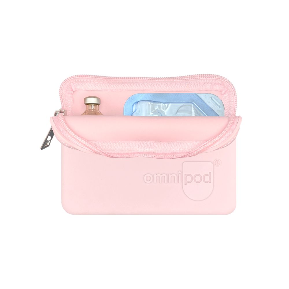 Set up with Omnipod® pod and insulin: The light pink Omnipod® protective travel case opened to reveal an Omnipod® insulin pod and an insulin vial placed inside, demonstrating the case's organized storage capabilities.