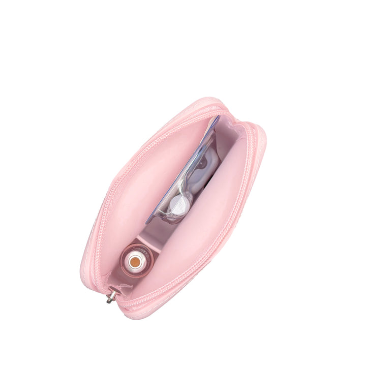 Top image showing inside of the case: A top-down view of the inside of the light pink Omnipod® protective travel case, showcasing the compartments and how an Omnipod® pod and insulin vial are stored in an organized manner.