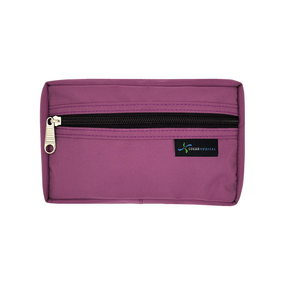 Purple travel wallet with a visible brand logo on a white background