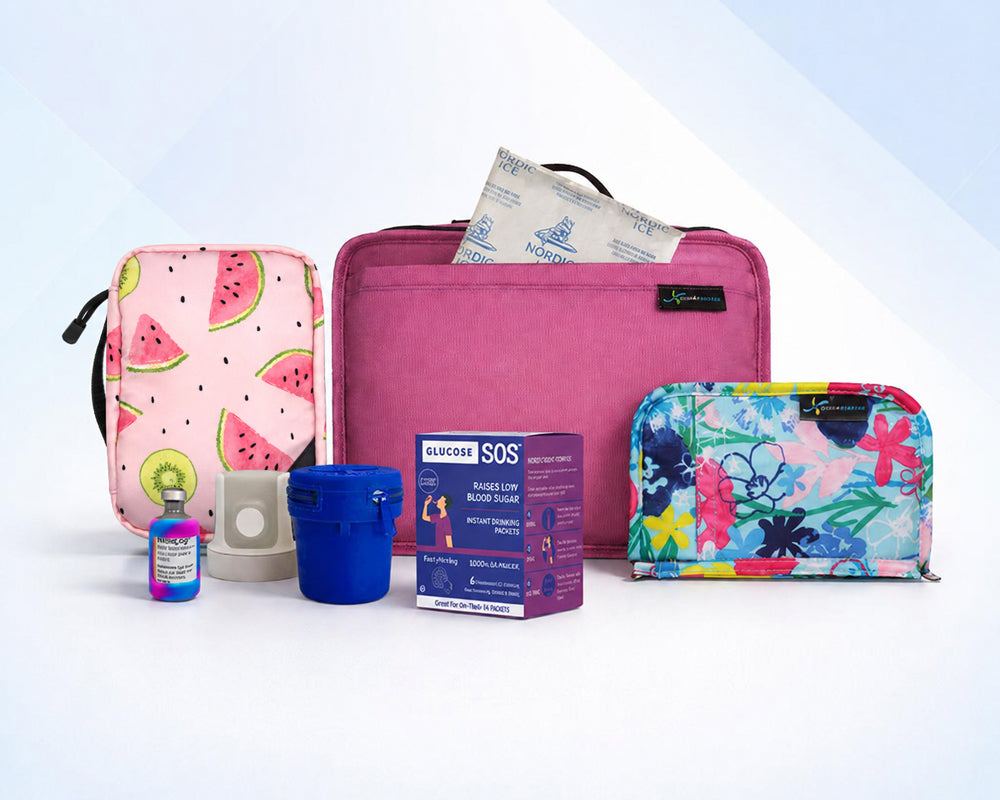 Collection of diabetes travel organizers bags on a white and light blue background. 